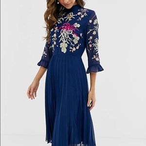 ASOS DESIGN embroidered pleated midi dress